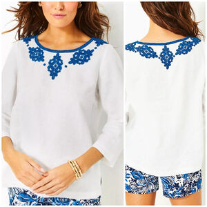 NWT Lilly Pulitzer Womans Top Elyn Beaded Linen ResortWhite Blue Embroidery